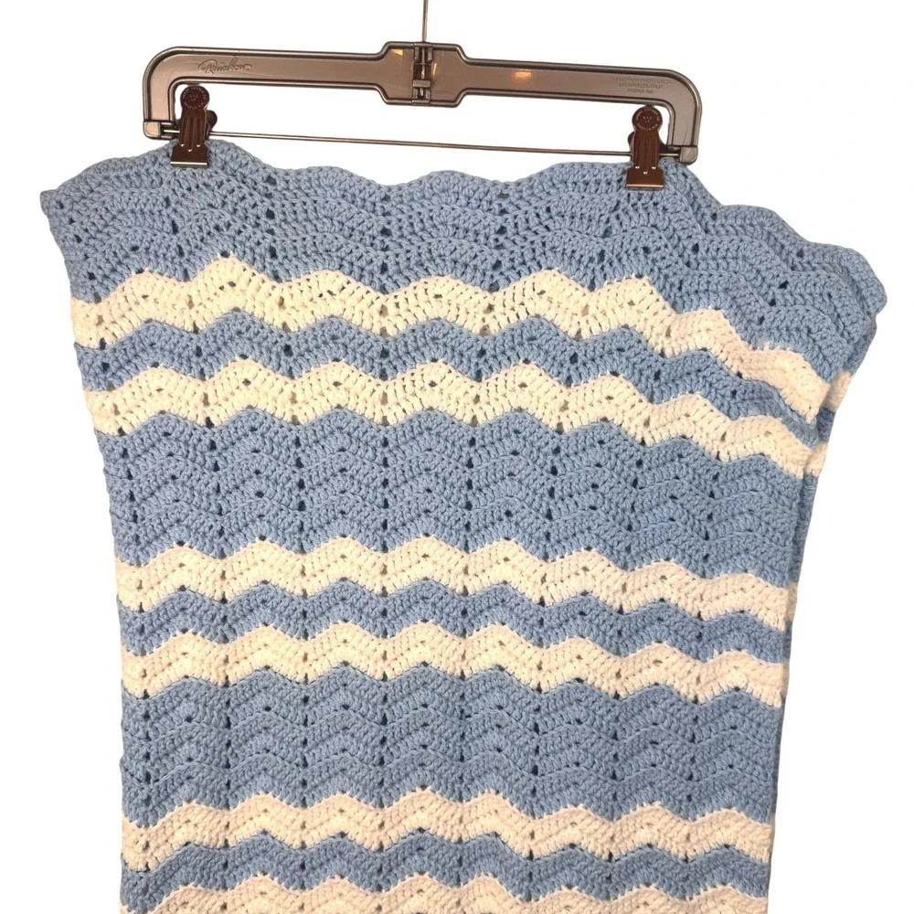 Handmade Crochet Blanket 46X20 Blue Cream Chevron Stripe Handmade Knit Baby Kids