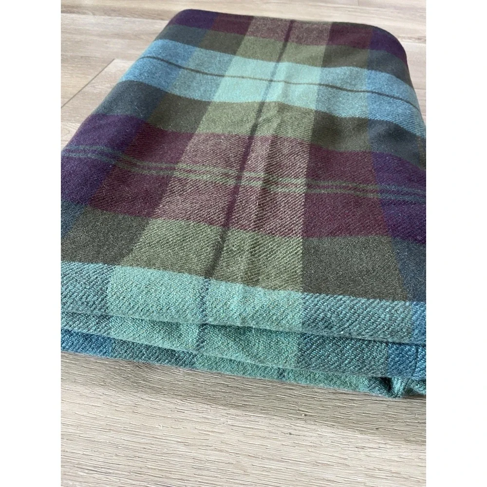 Vtg Ralph Lauren Rutherford Park QUEEN Blanket 100% Wool Plaid Green Blue Purple