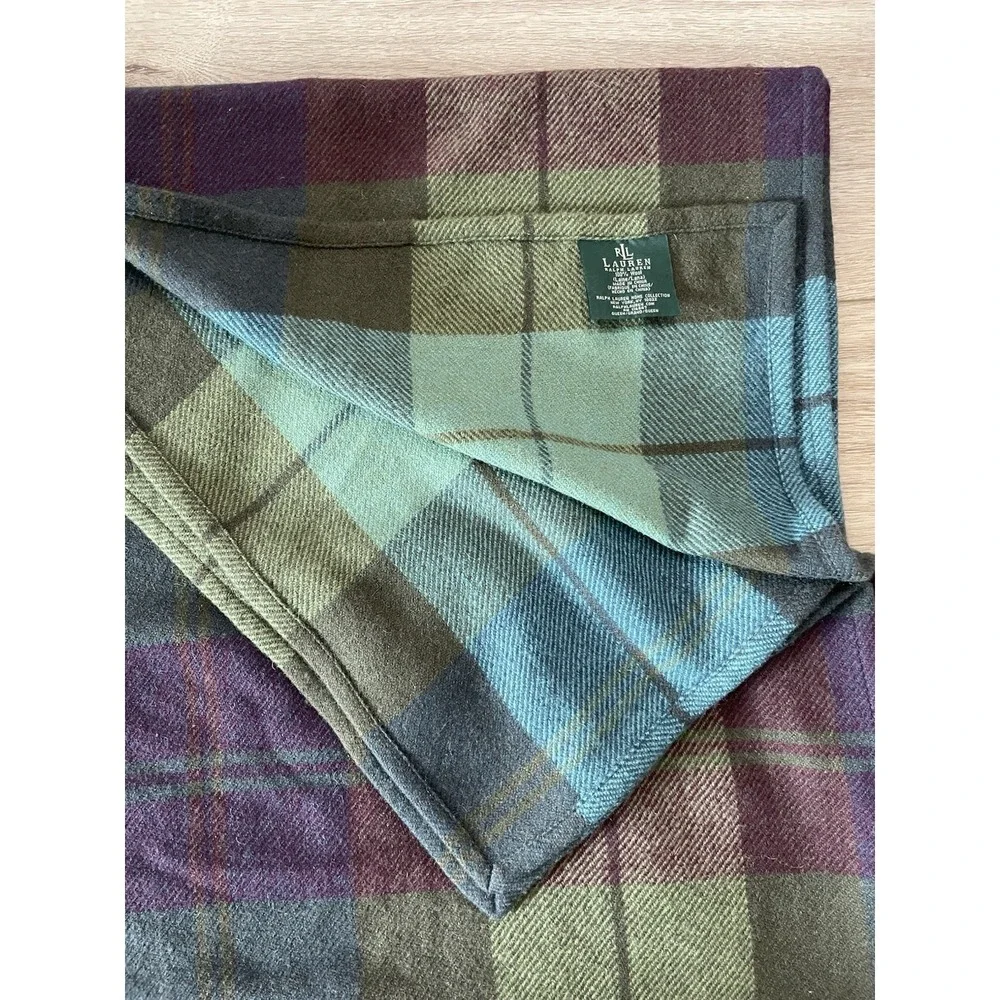 Vtg Ralph Lauren Rutherford Park QUEEN Blanket 100% Wool Plaid Green Blue Purple