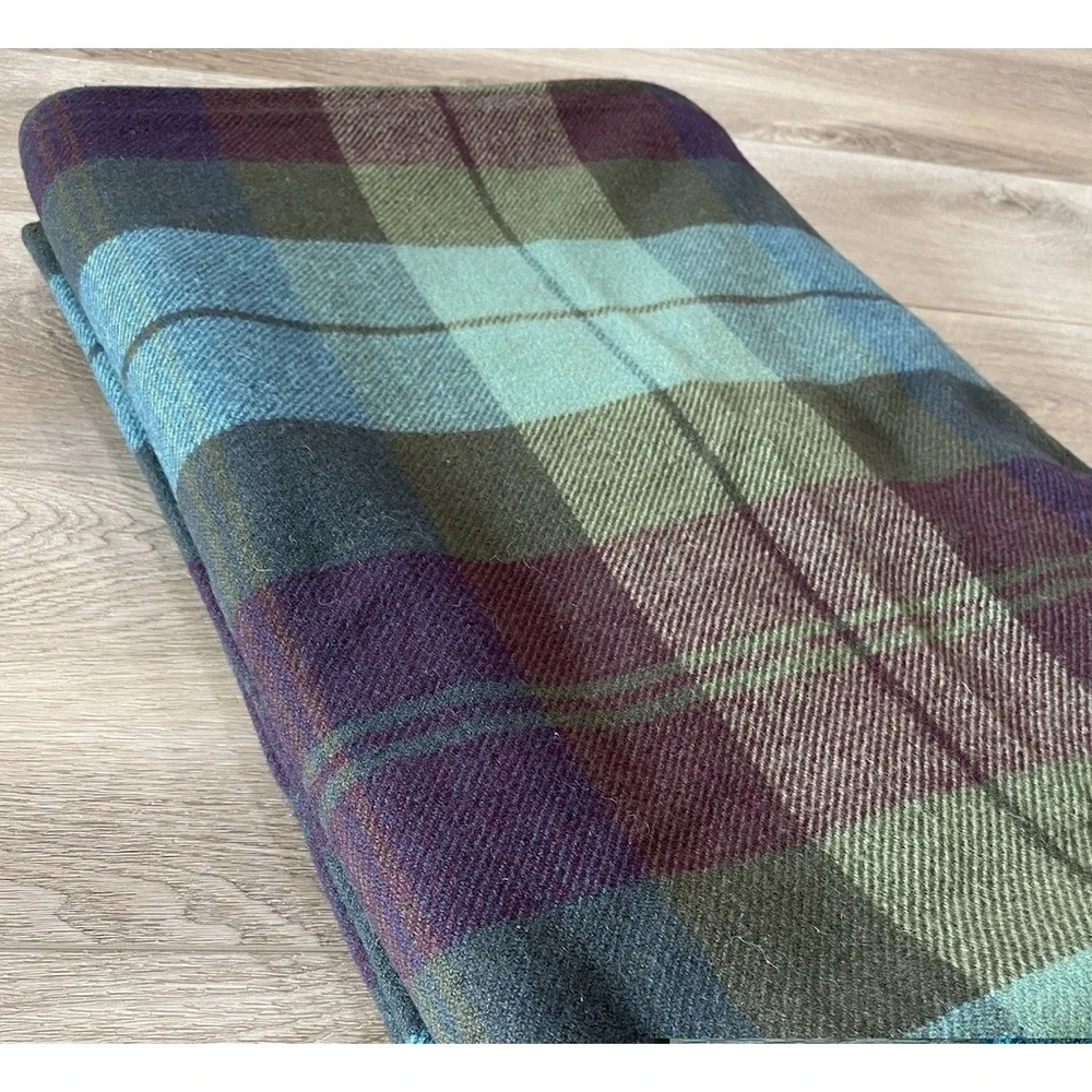 Vtg Ralph Lauren Rutherford Park QUEEN Blanket 100% Wool Plaid Green Blue Purple