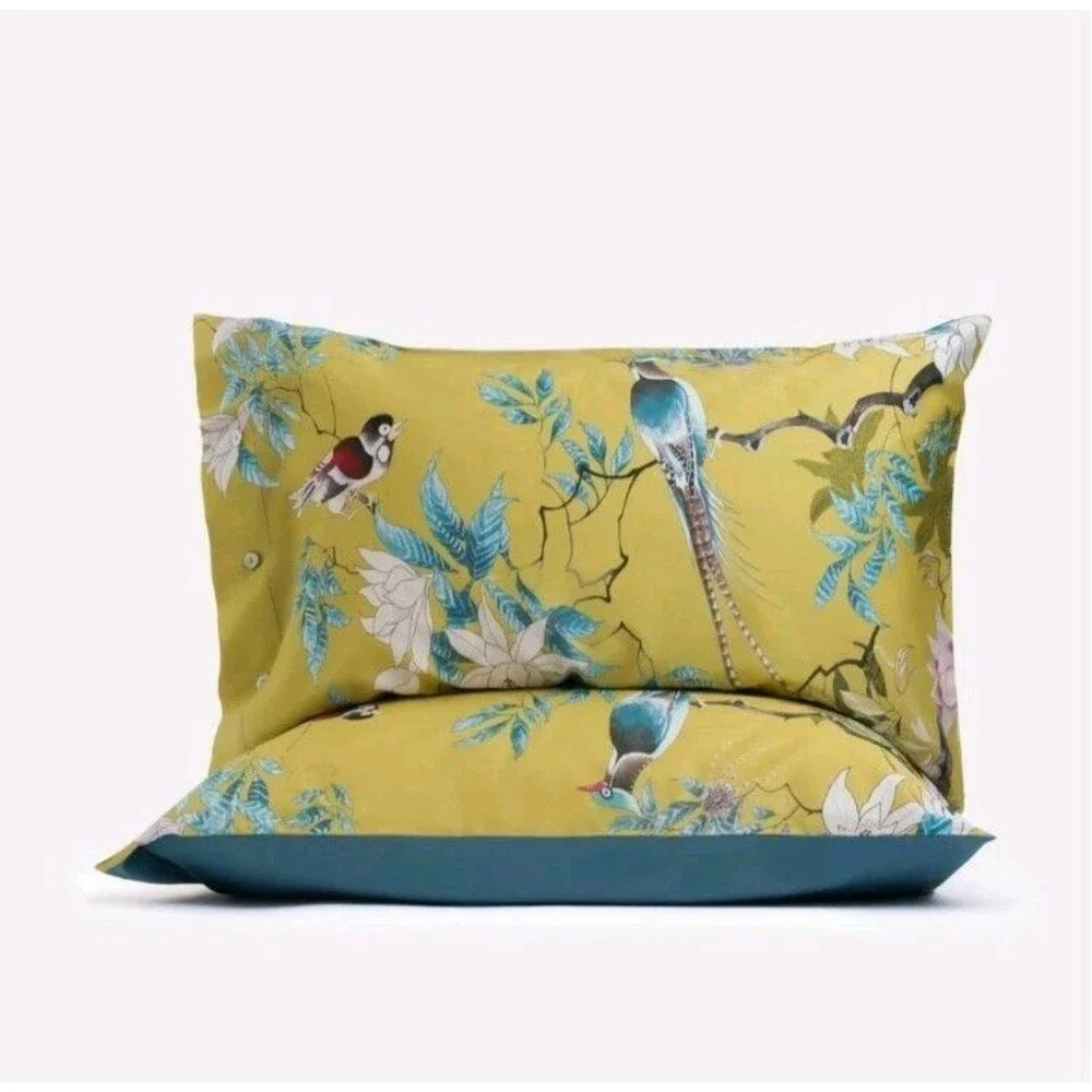 New Holsper Pillow Case Golden Birds Egyptian Cotton Satin Pair 20x37