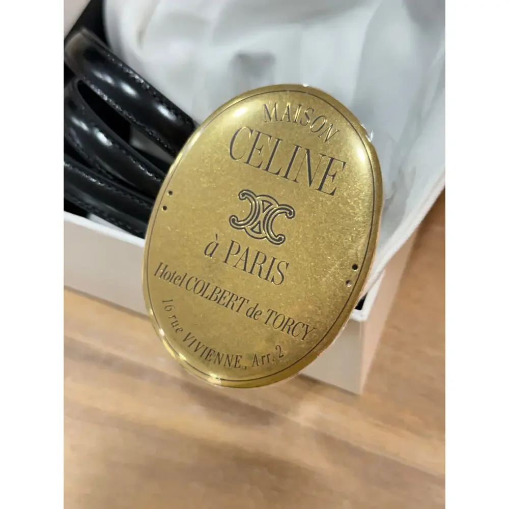 CELINE Maison Belt 13mm Taurillon Leather Black Gold Buckle Size 85 NIB Rare