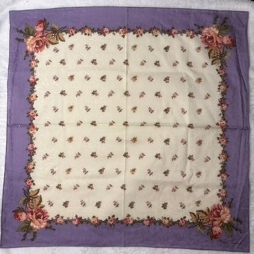 Vtg RALPH LAUREN Scarf Handkerchief Floral Purple Pink Cream 19.5