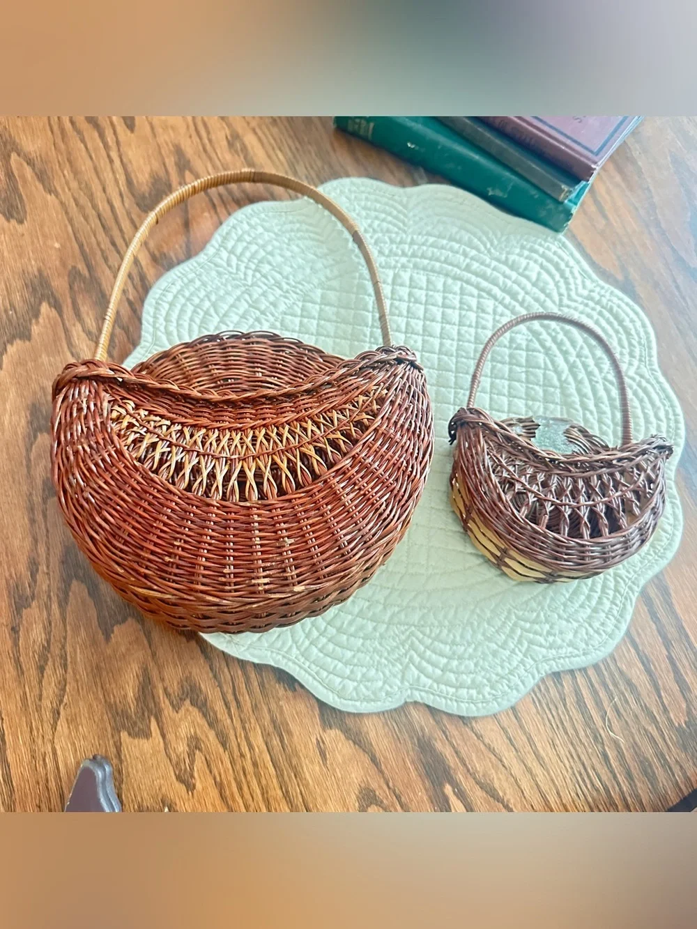 Vintage wicker rattan wall pocket baskets set of 2