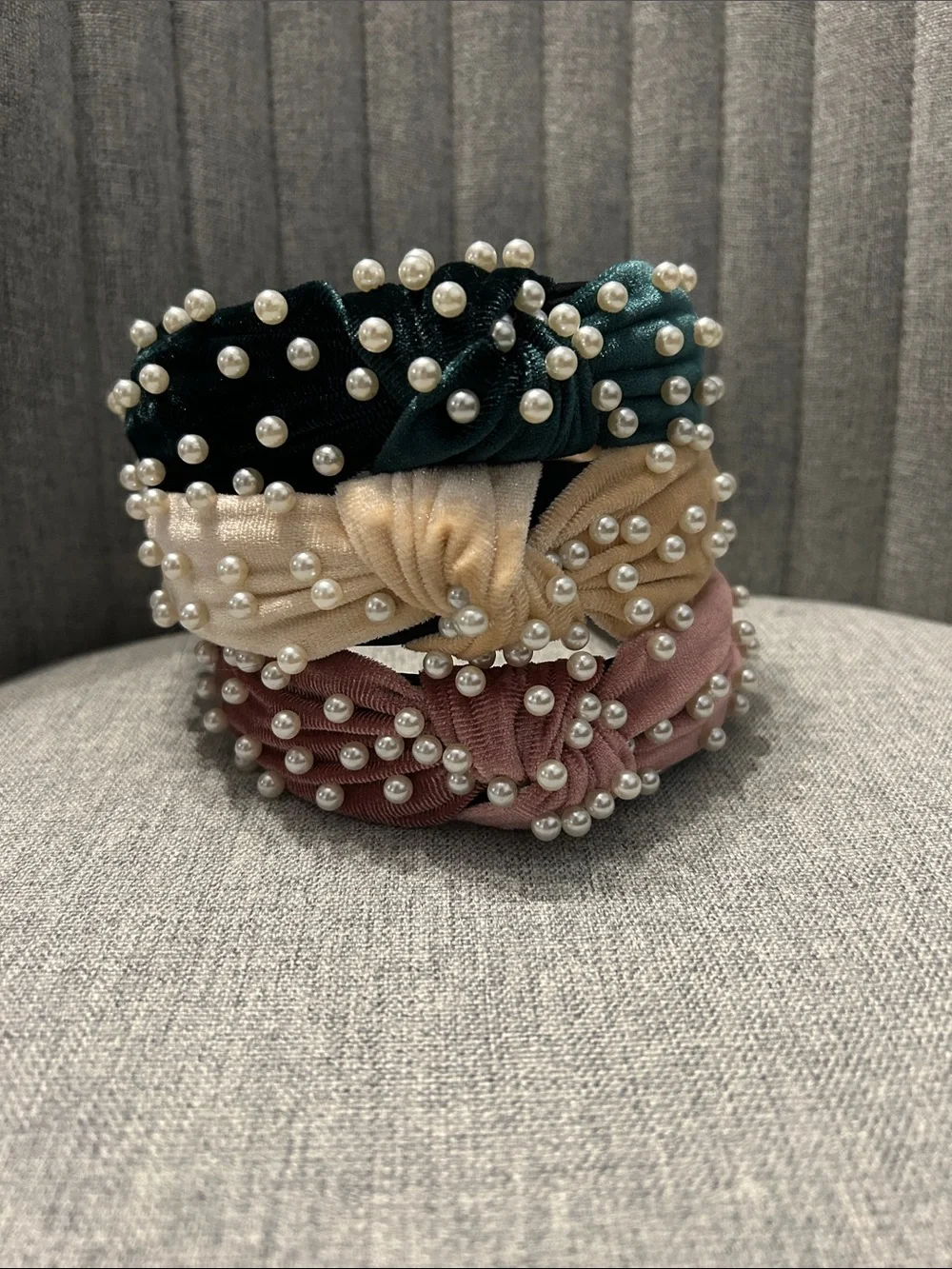 Pearl-Embellished Velvet Knot Headbands - Green, Cream & Pink
