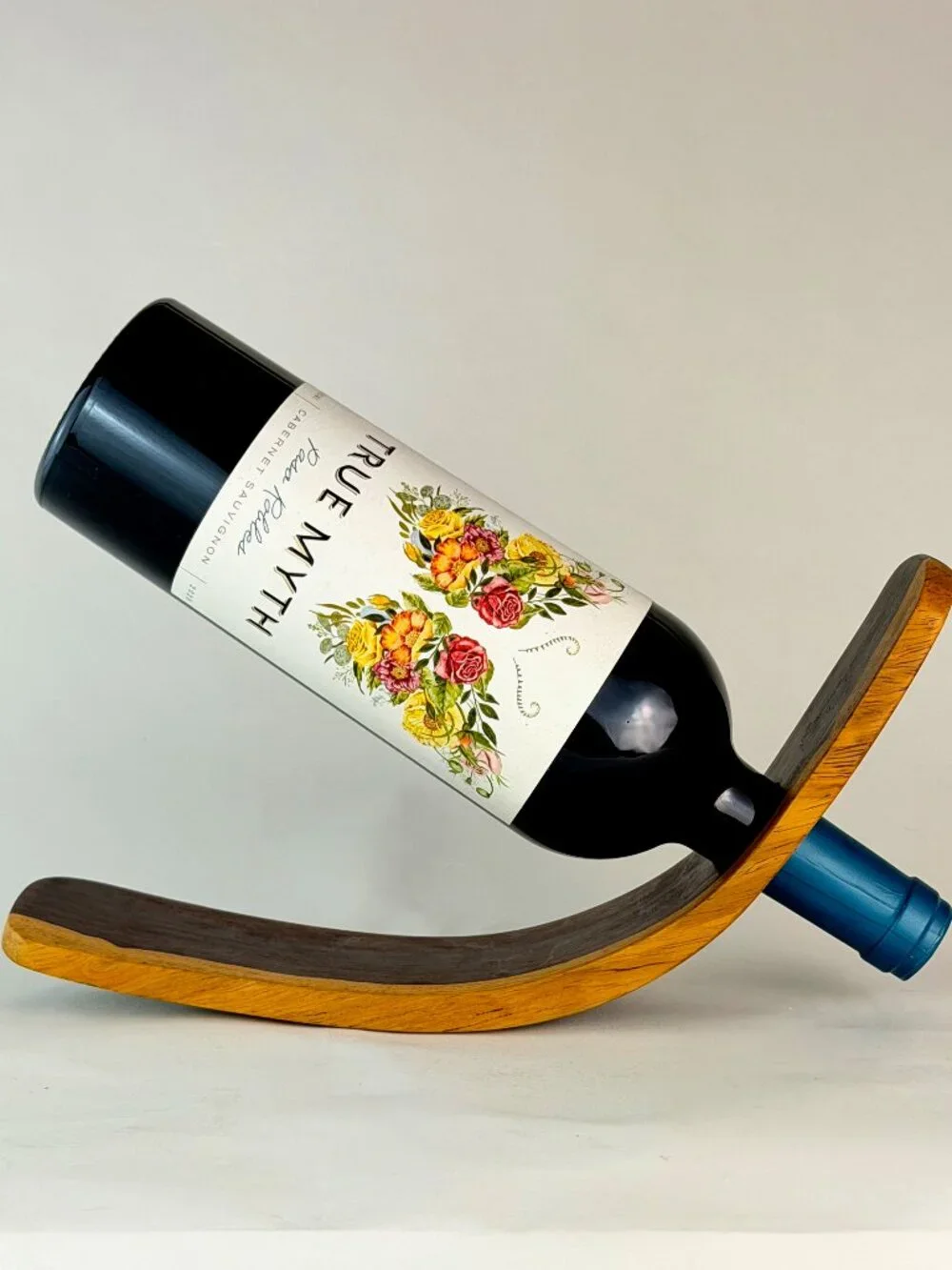 Balancing Wooden Wine Holder Curved Single Bottle Display Stand Unique Counterto