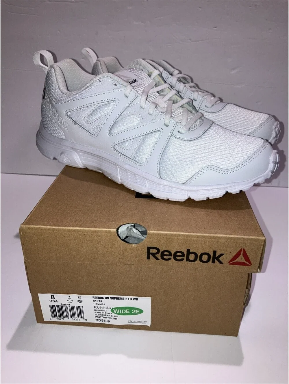 REEBOK Run Supreme 2 LD WIDE BD5509 Men's Running Shoe Size 8 White 2E WIDE NEW