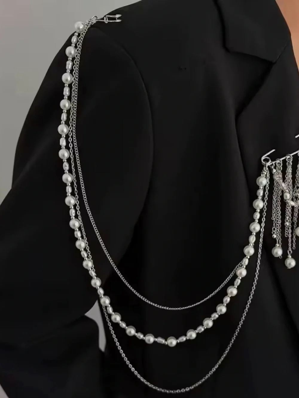 Silver Faux Pearl Multi-Chain Brooch
