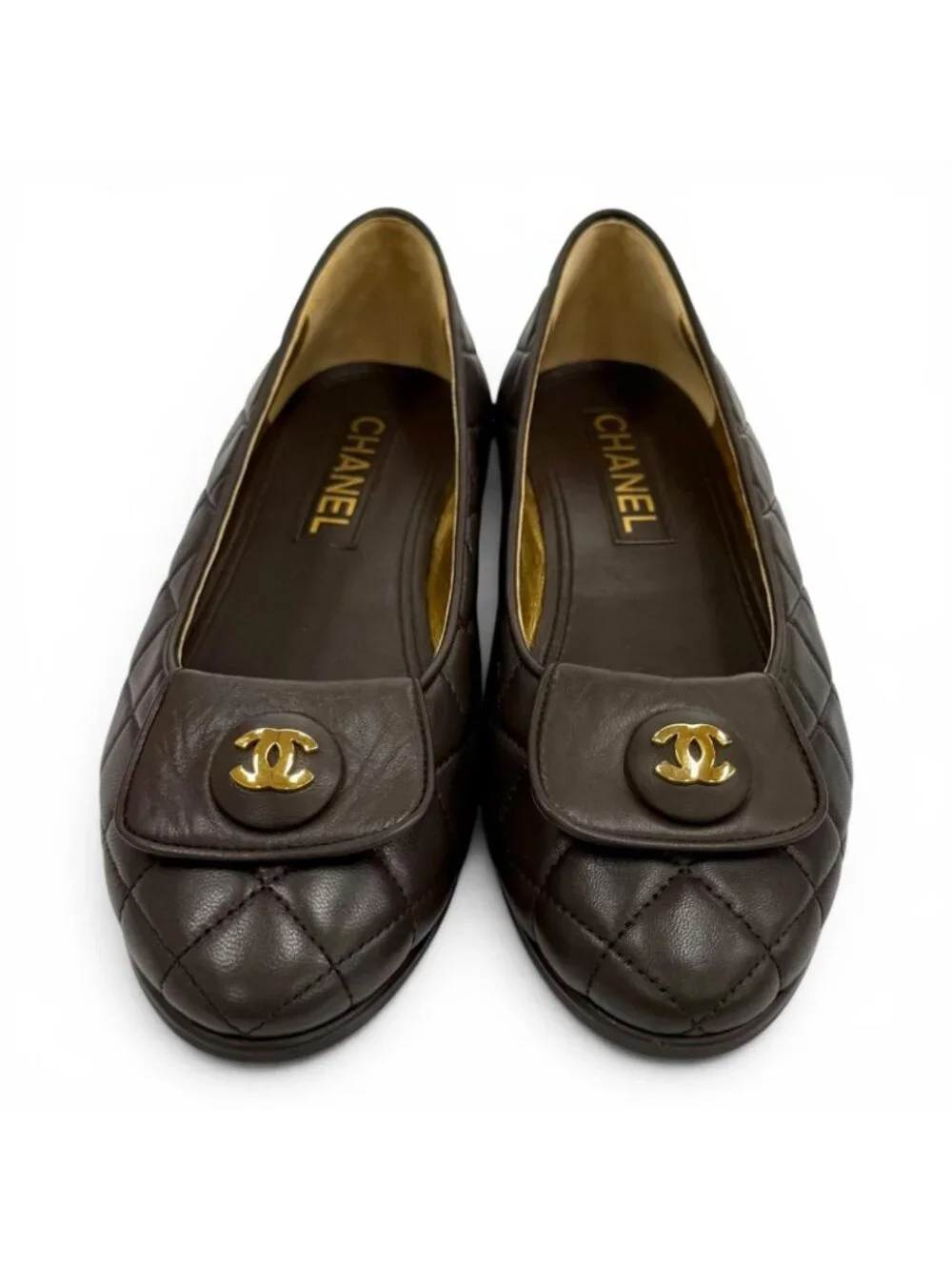 Chanel Ballerina CC Logo Quilted Ballet Shoes Brown Gold