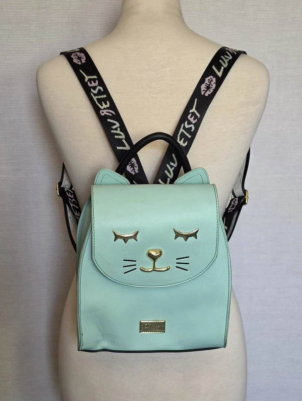 Betsey Johnson ~ Luv Betsey Small Cat Backpack/Purse Mint Gold Black Vegan Leath