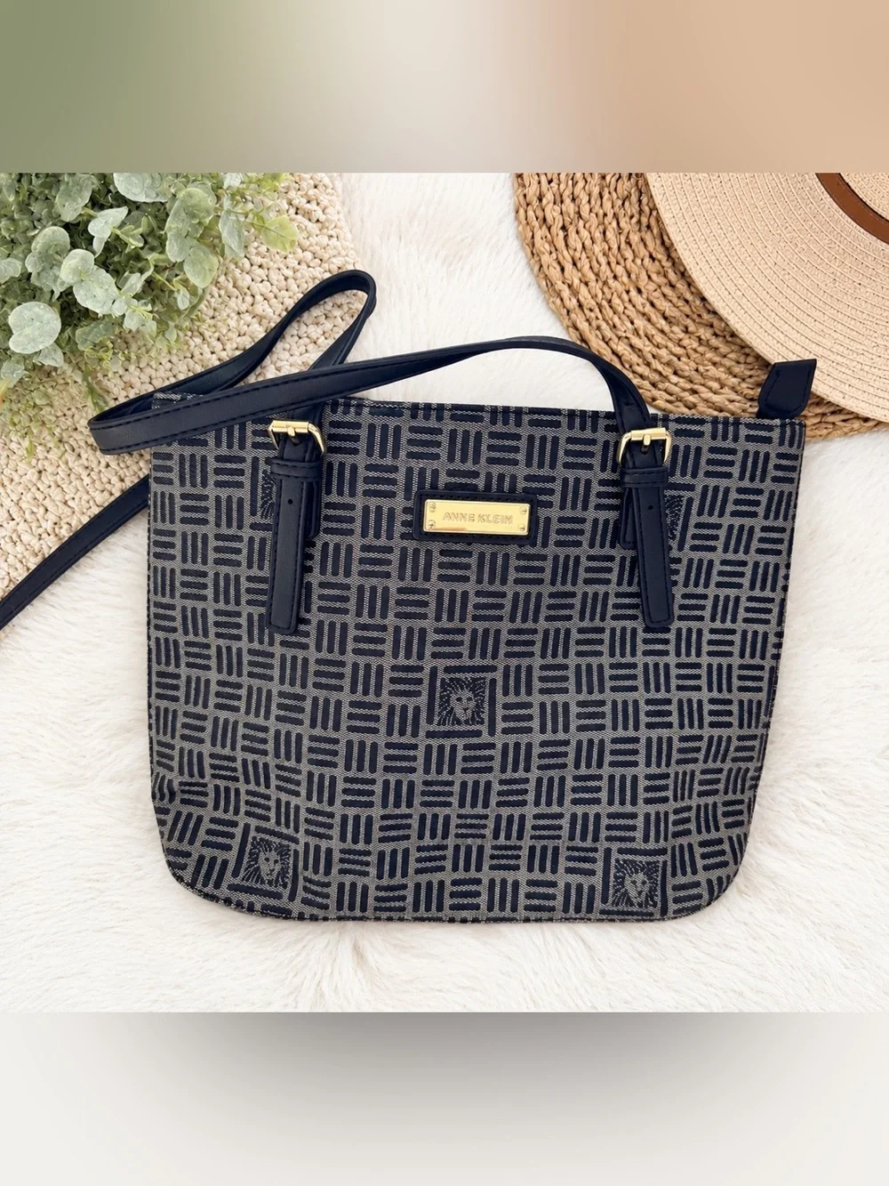 Anne Klein Navy Blue Patterned Shoulder Bag with Gold Accent