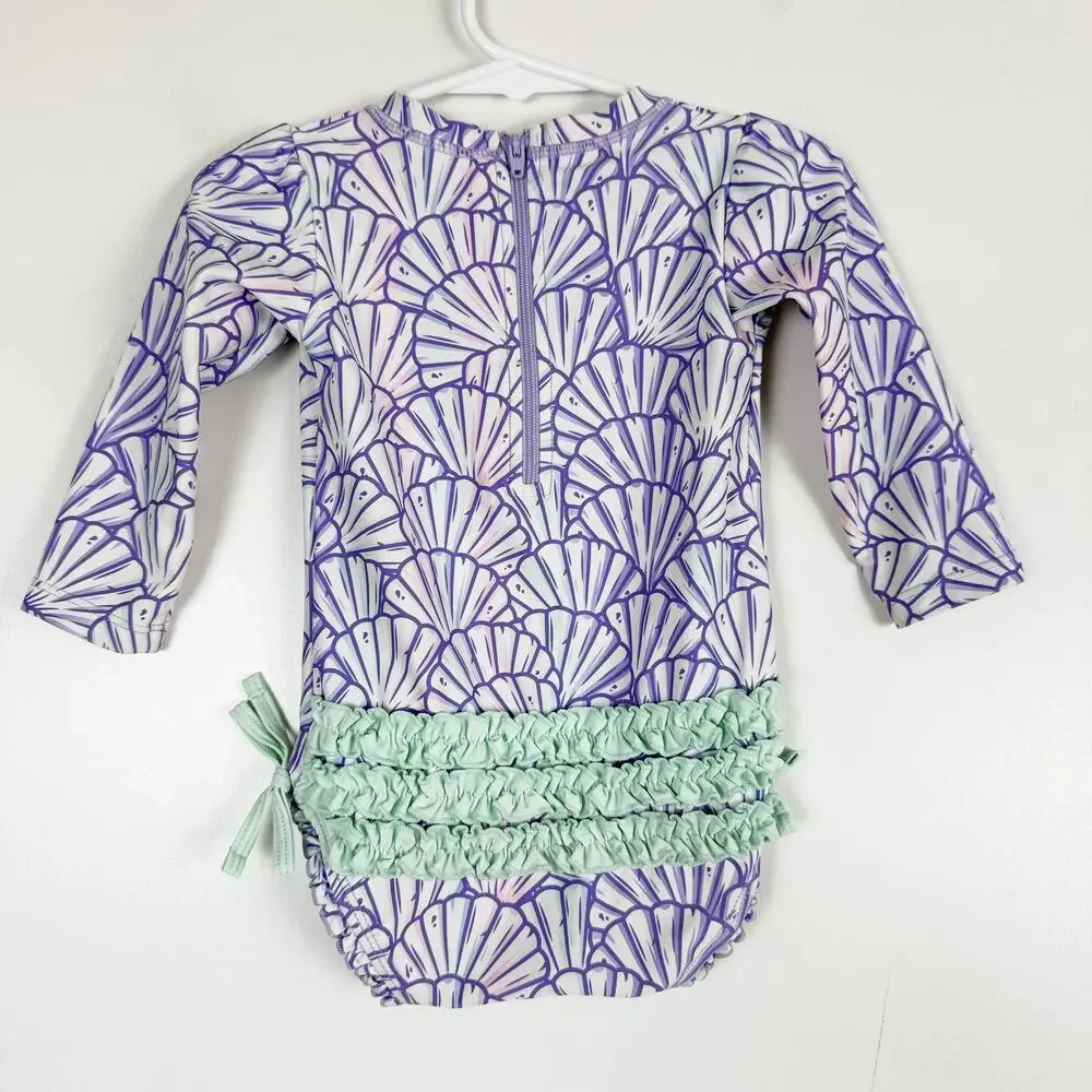 RuffleButts Baby Girl Rash Guard Swimsuit Swim Purple Seashells - 12 18 Months