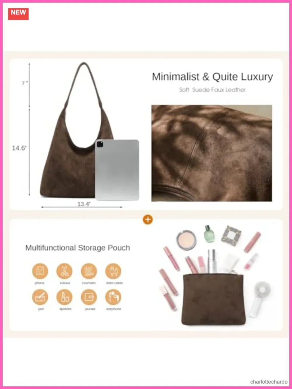 Slouchy Faux Suede Hobo Bag with Removable Pouch Large Shoulder Tote