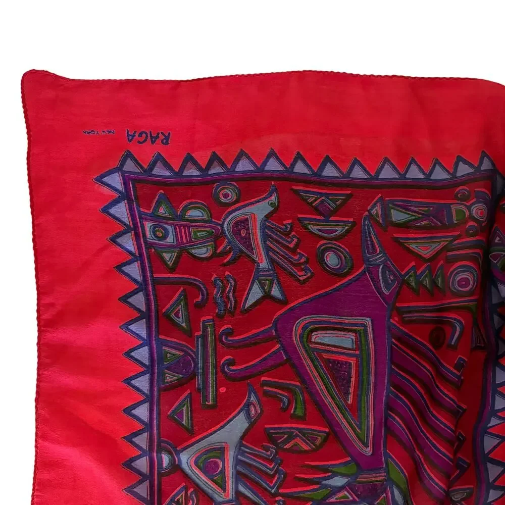 RAGA NY !00% Woven Silk Scarf Wrap Shawl Native Art Southwest Boho Lagenlook