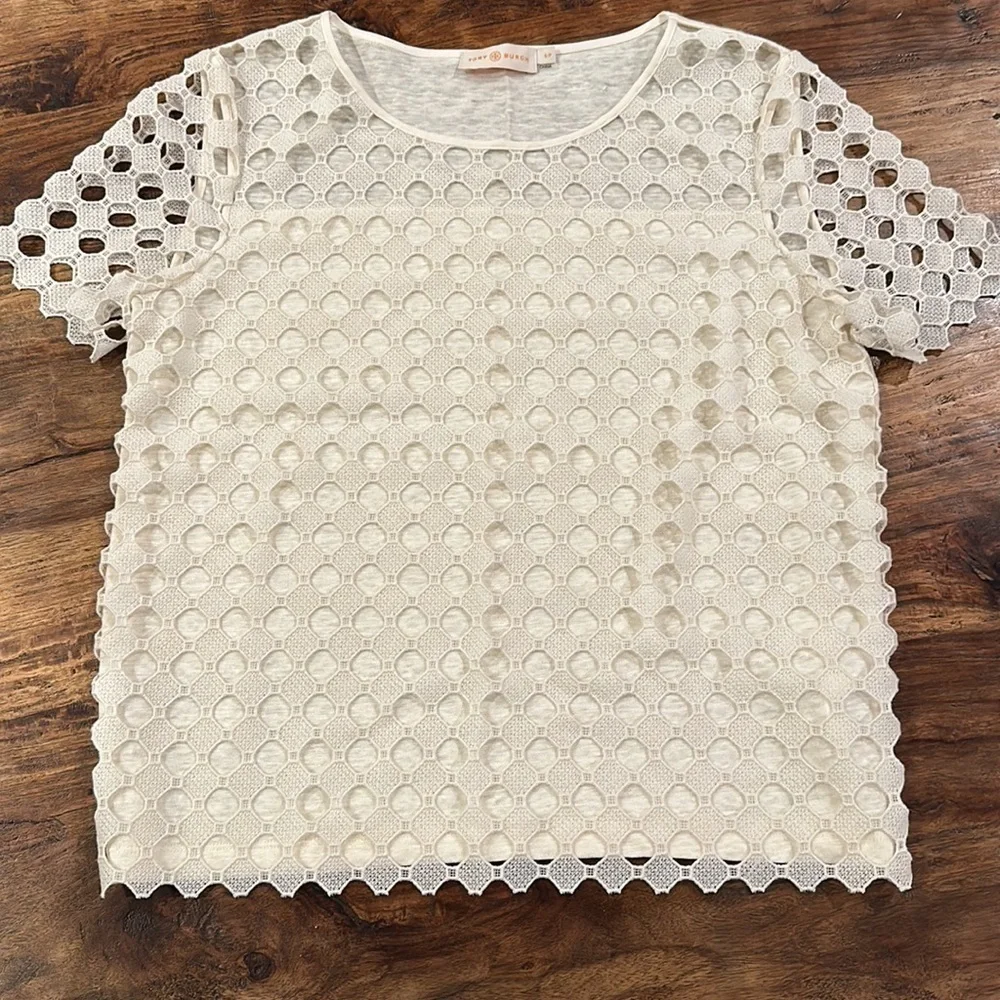 Tory Burch linen blend lace top Cream Small