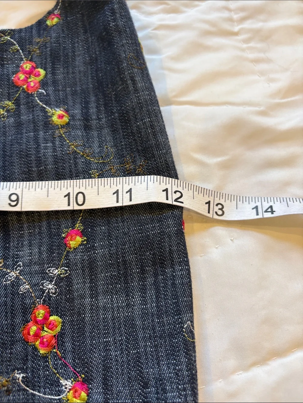 Upcycled Dark Blue Floral Denim  Embroidered Shoulder Bag
