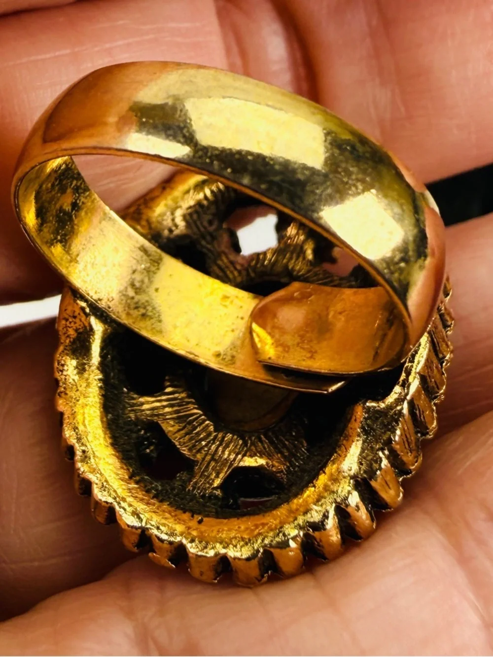 Vintage goldtone, colored bling size 6 adjustable statement ring