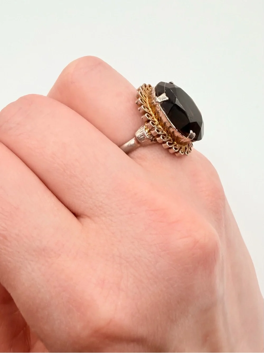 Vintage 1960s gold-tone adjustable smokey quartz cocktail ring