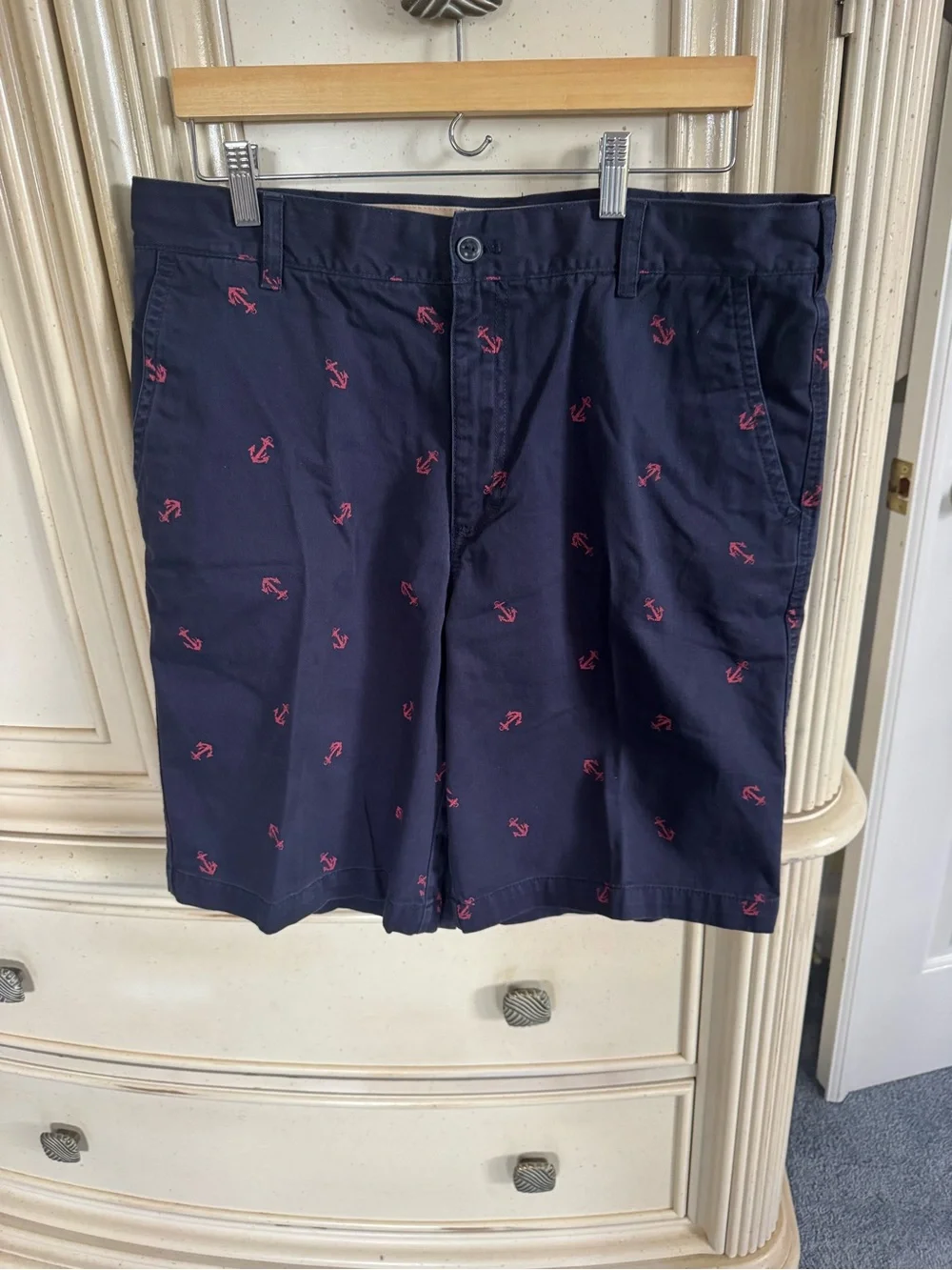 Izod Navy Flat-Front Shorts with Red Anchor Embroidery