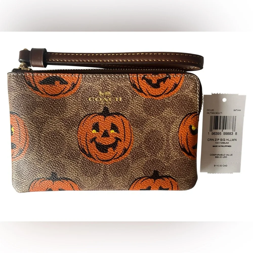 Coach Jack-O'-Lantern Print Zip Wristlet - Brown & Orange