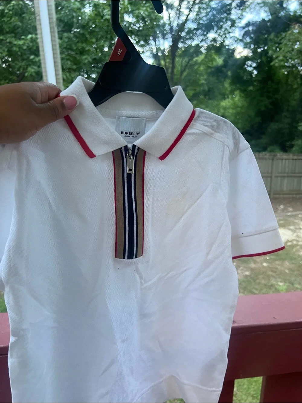 Burberry Tan, Black & Red Striped Short Sleeve Shirt