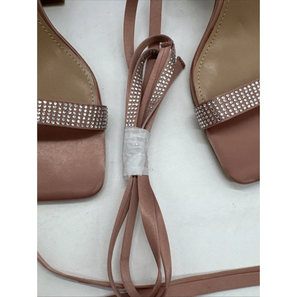 Steve‎ Madden Vanish Rhinestone Block Heels Ankle Wrap Pink 7 New
