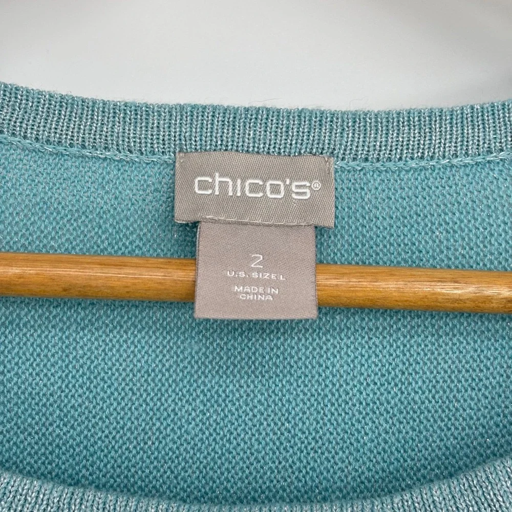 Chicos Tunic Top Linen Blend Short Sleeve Size 2 Large Aqua Shimmer