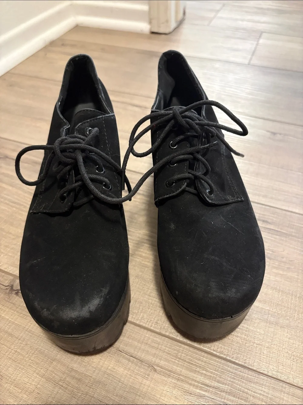 Top Moda Black Faux Suede Platform Wedge Oxford Shoes Size 8