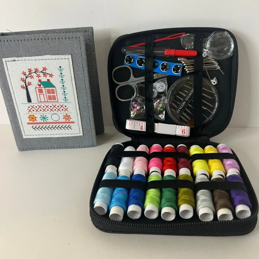 Compact Gray Sewing Kit with Multicolor Thread & Tools