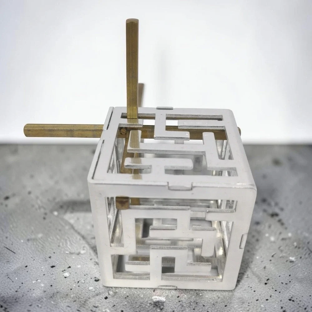 VTG Oskar's Maze Puzzle Oskar van Deventer Bits And Pieces Metal Cube Brass Rod
