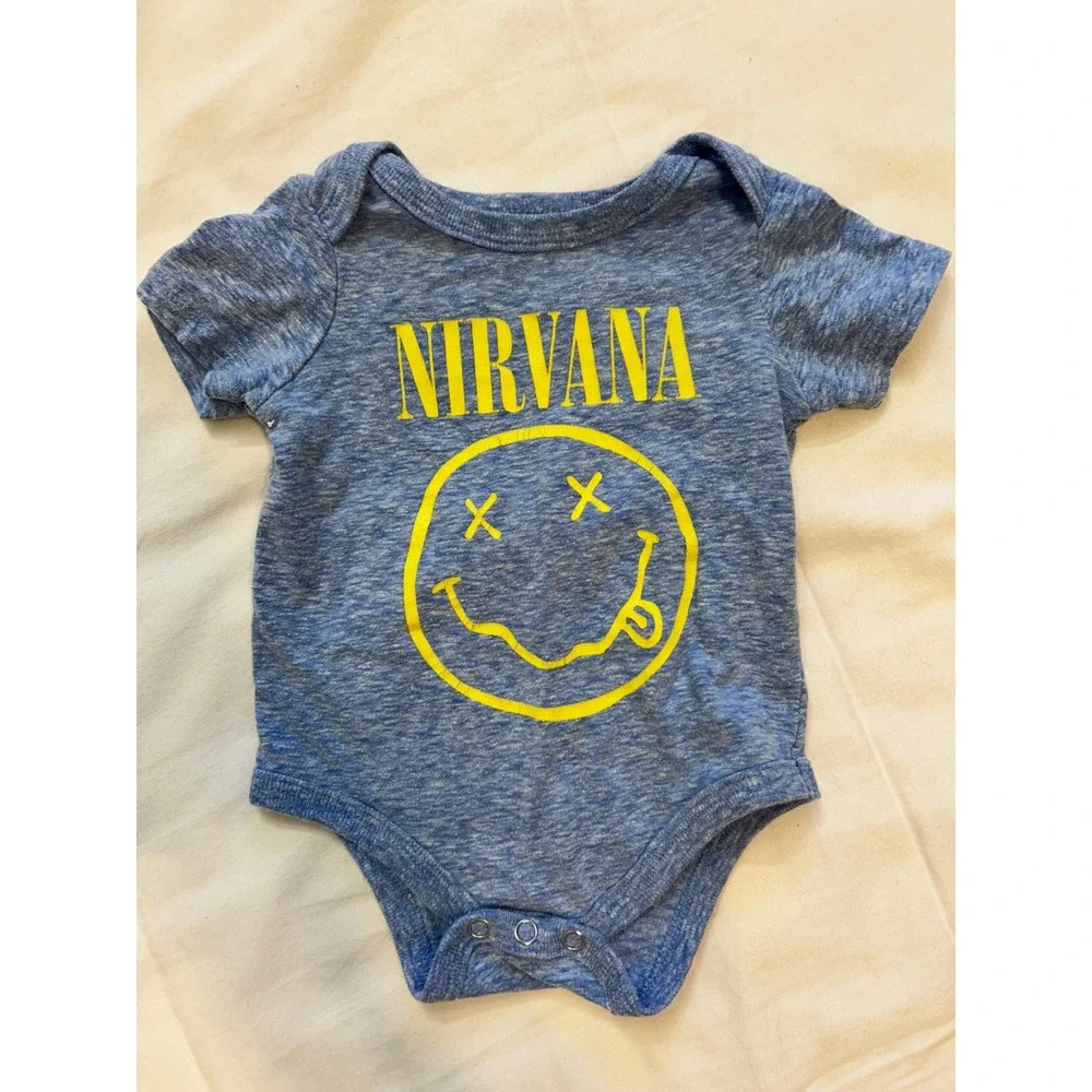 Grungecore Nirvana Baby Bodysuit Blue Heather Smiley Face Logo Romper 0-3‎ Month