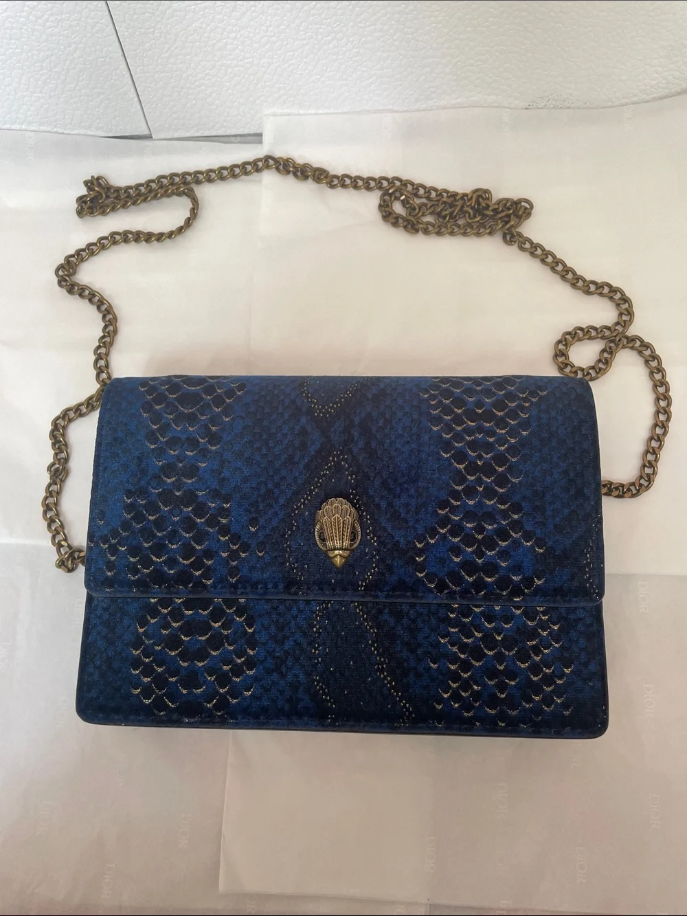 Kurt Geiger Navy Blue Python-Effect Chain Clutch Crossbody Bag Gold Shoreditch