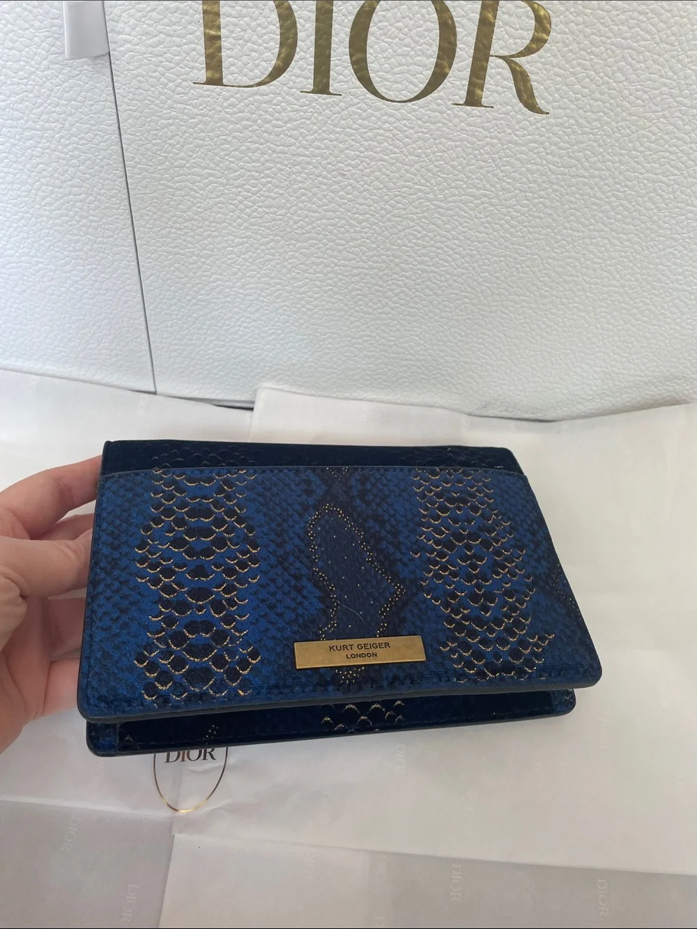 Kurt Geiger Navy Blue Python-Effect Chain Clutch Crossbody Bag Gold Shoreditch