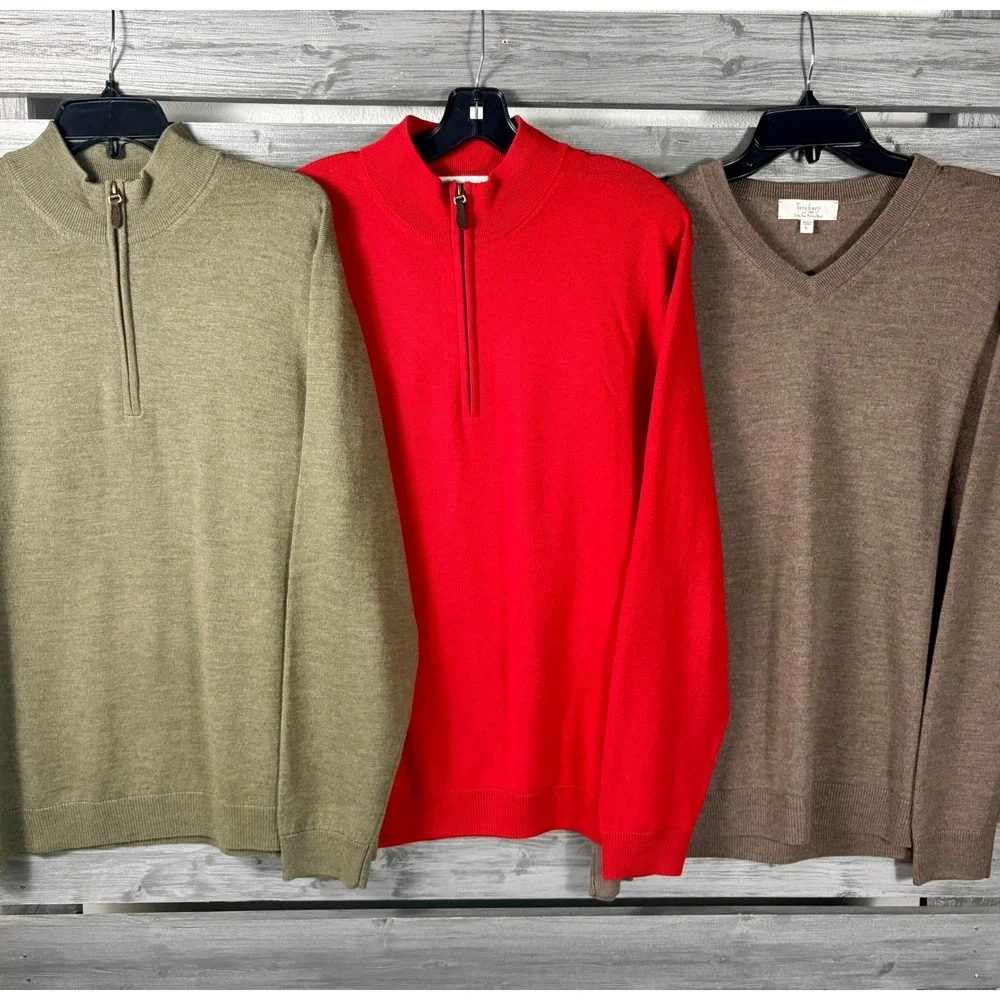 Turnbury Mens Sweater 1/4 Zip / V-Neck Green Red Brown Merino Wool L Lot 3 NICE