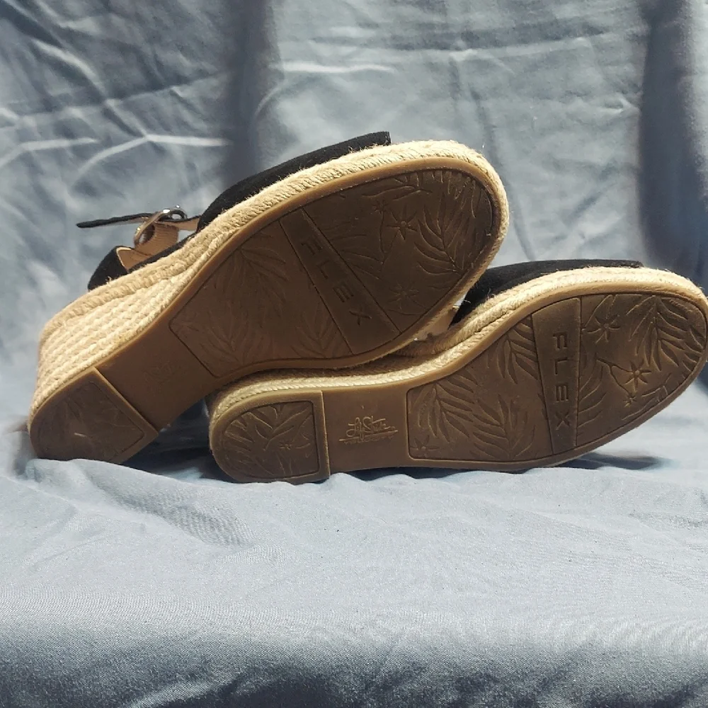 LifeStride Black Faux Suede Espadrille Wedge Sandals Open Toe Ankle Strap Size 8