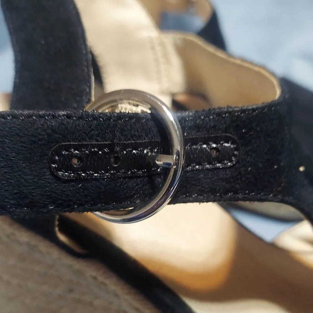 LifeStride Black Faux Suede Espadrille Wedge Sandals Open Toe Ankle Strap Size 8