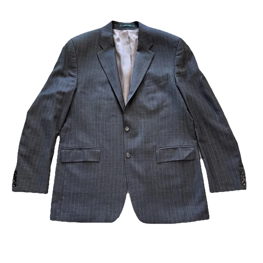 Vtg RALPH LAUREN Men's Blazer Sport Coat Striped Gray Cashmere Wool‎ Jacket 44L