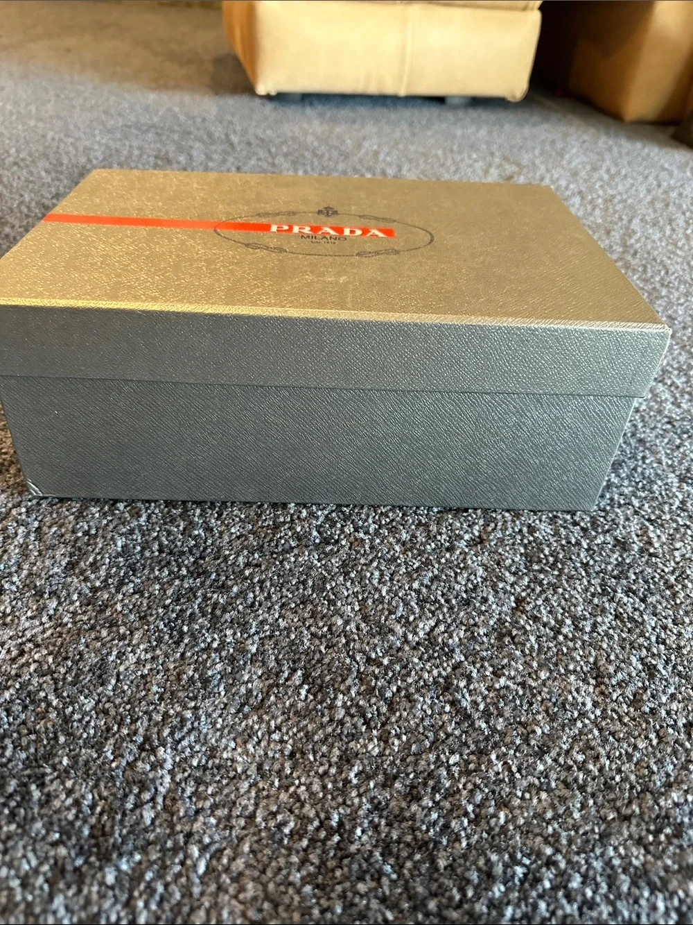 Prada Gray Shoe Box with Red Stripe and Logo 12 x 8.25 x 4.5