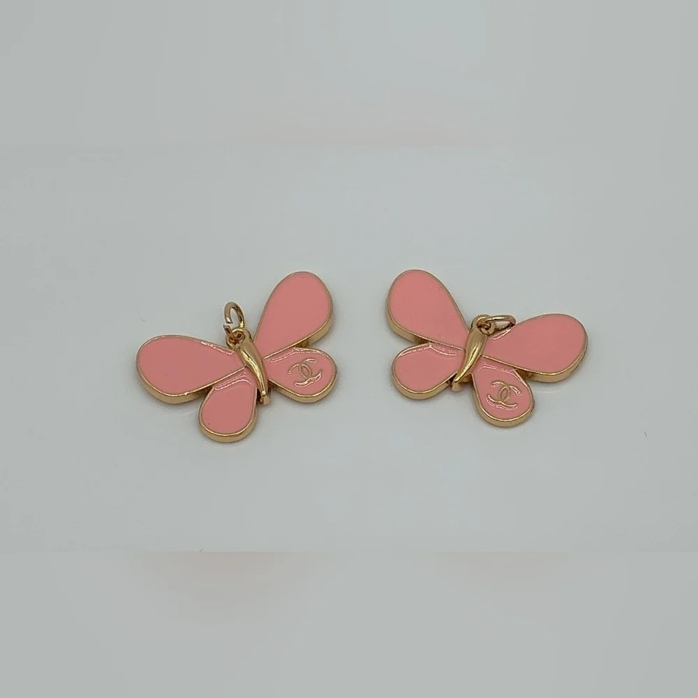 CHANEL Pink Enamel Butterfly Charms Set of 2 Karl Lagerfeld Era Signed Gold Tone