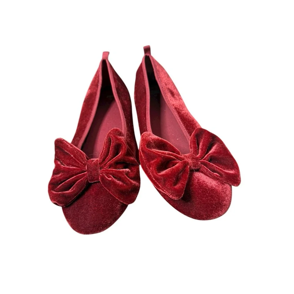 Zara Deep Wine Velvet Bow Ballet Flats