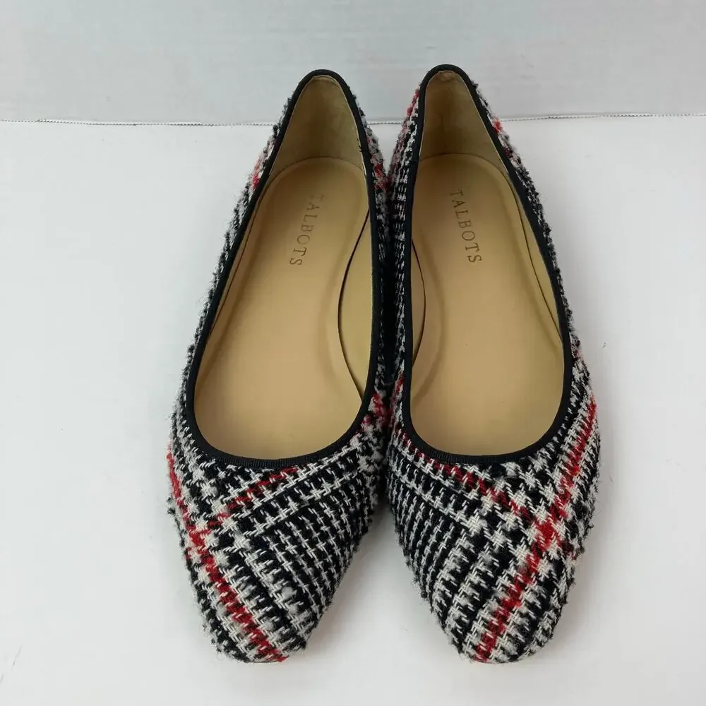 Talbots Sz 8M Tweed Houndstooth Ballet Flats Red Black Preppy Careerwear Retro