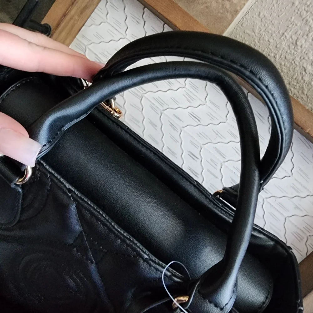 Vince Camuto Black Quilted Leather Satchel with Gold Charm