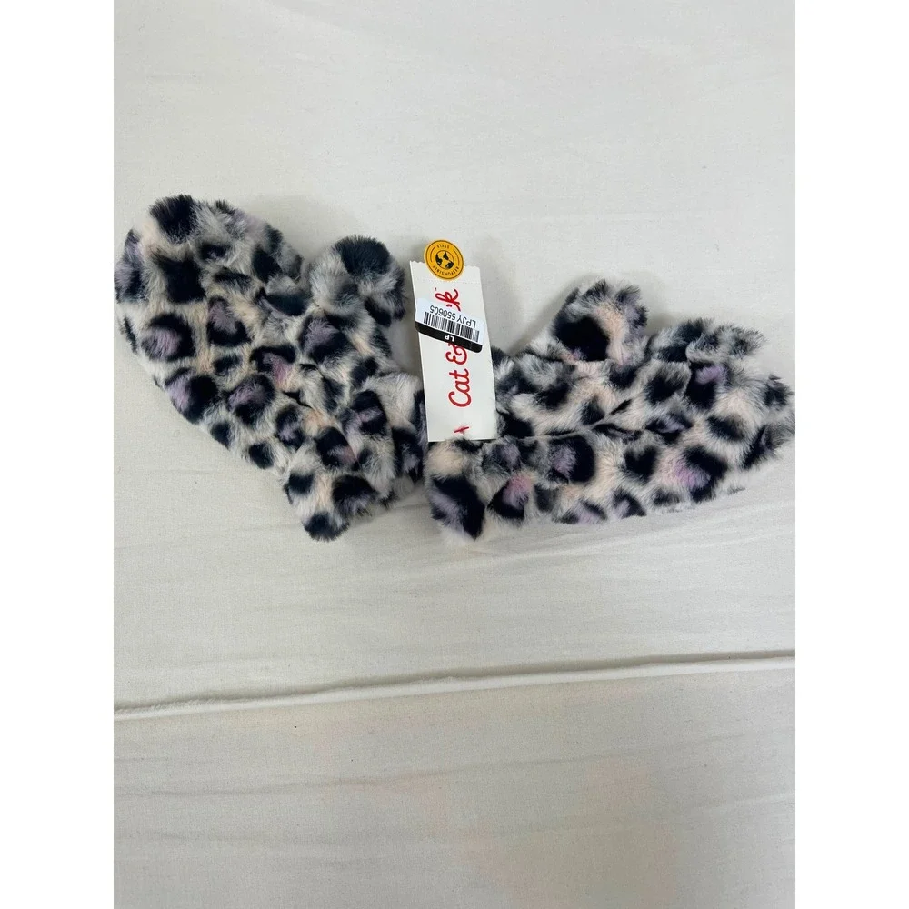 Cat & Jack Girls Faux Fur Leopard Print Mittens Purple Black 4-7