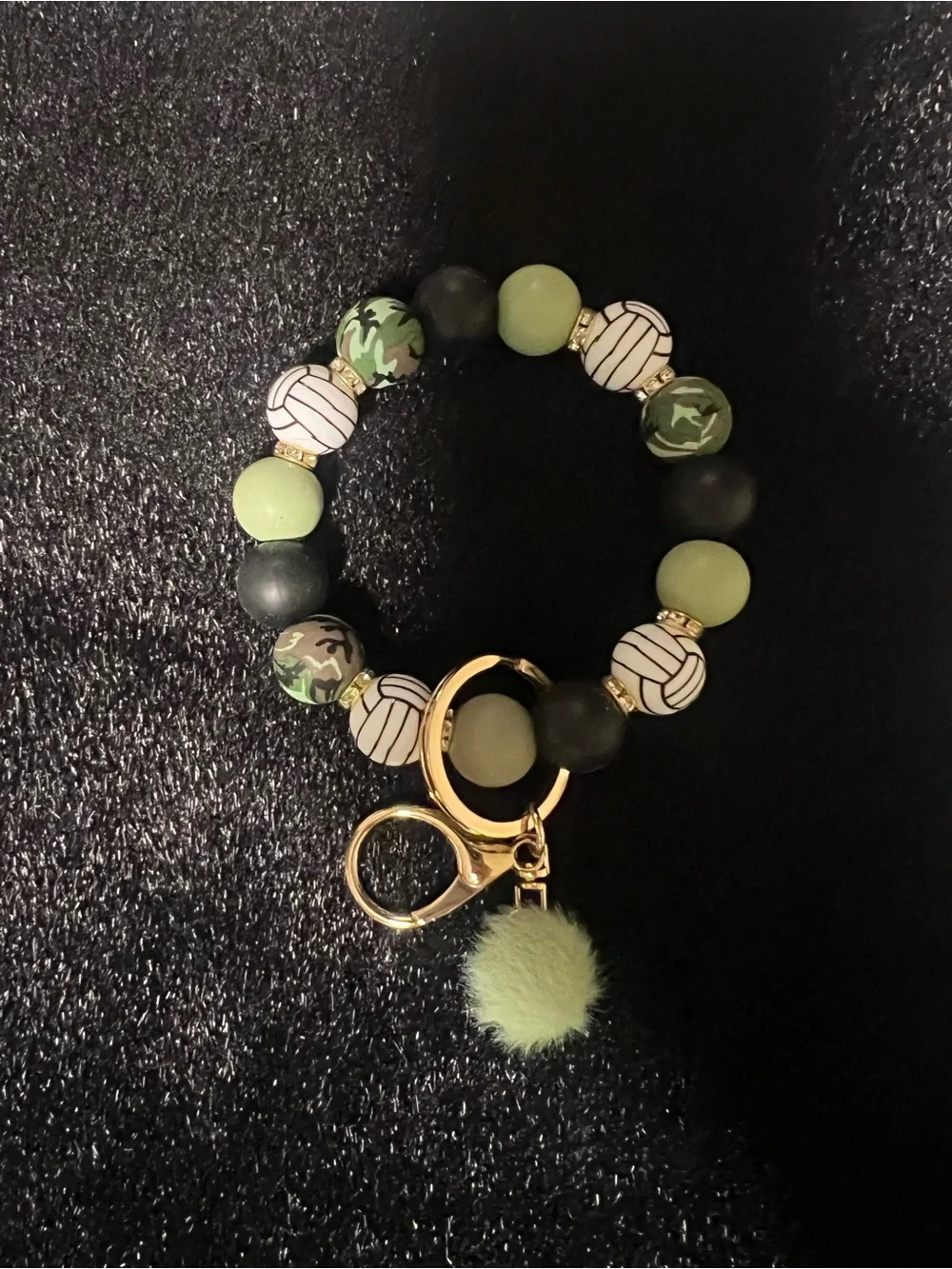 Volleyball Green Camouflage Beaded Keychain Bracelet with Pom Charm
