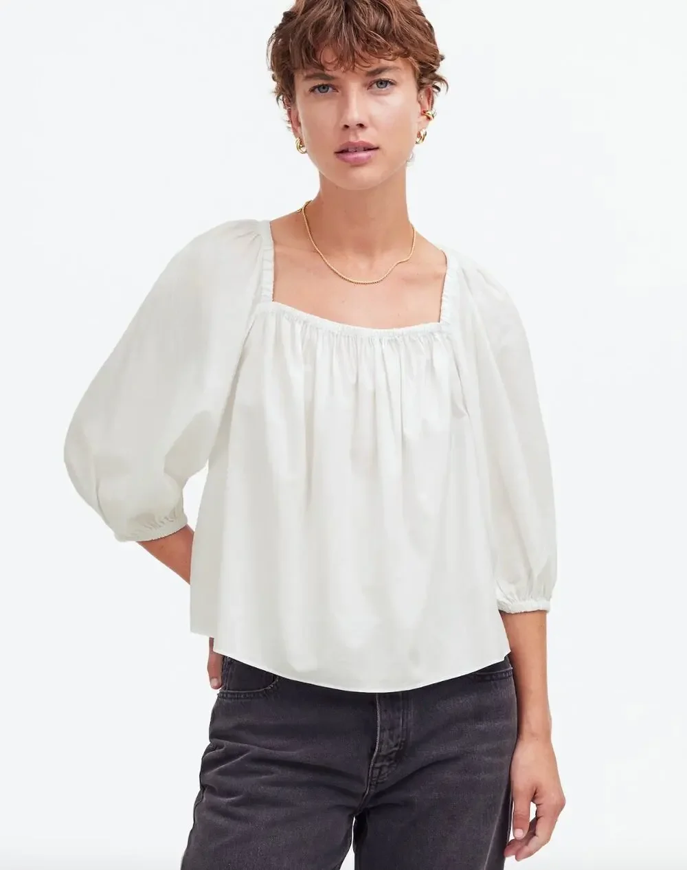 NEW Madewell Puff Sleeve Babydoll Top Blouse Cotton Cottagecore White US 00