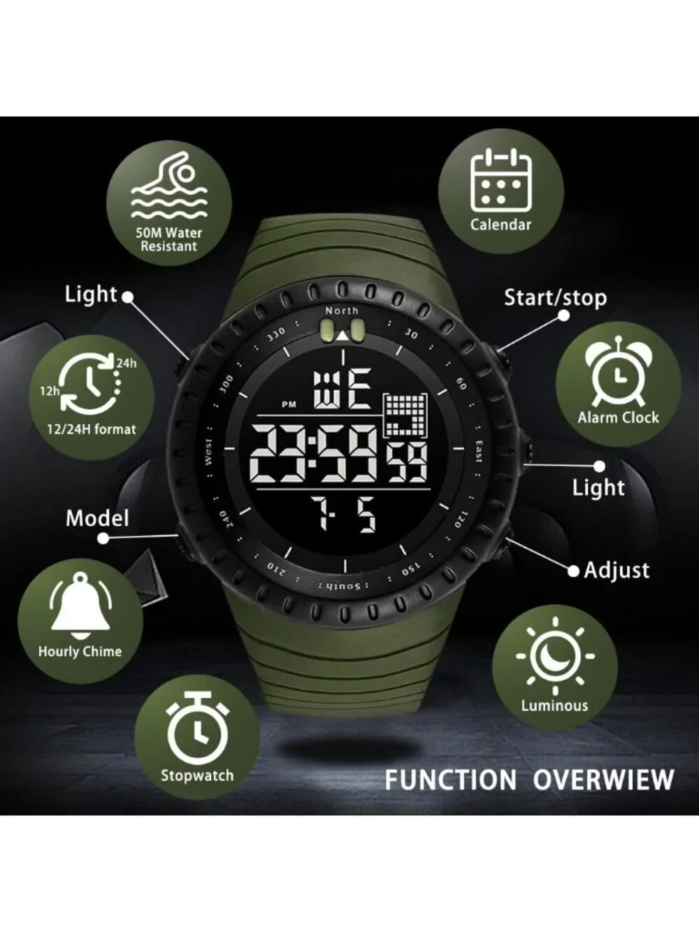 Men's Khaki White Analog Quartz Sports Outdoor Waterproof Military Digital Watch