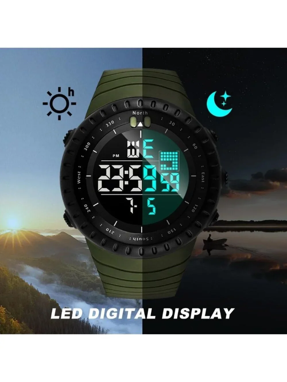 Men's Khaki White Analog Quartz Sports Outdoor Waterproof Military Digital Watch