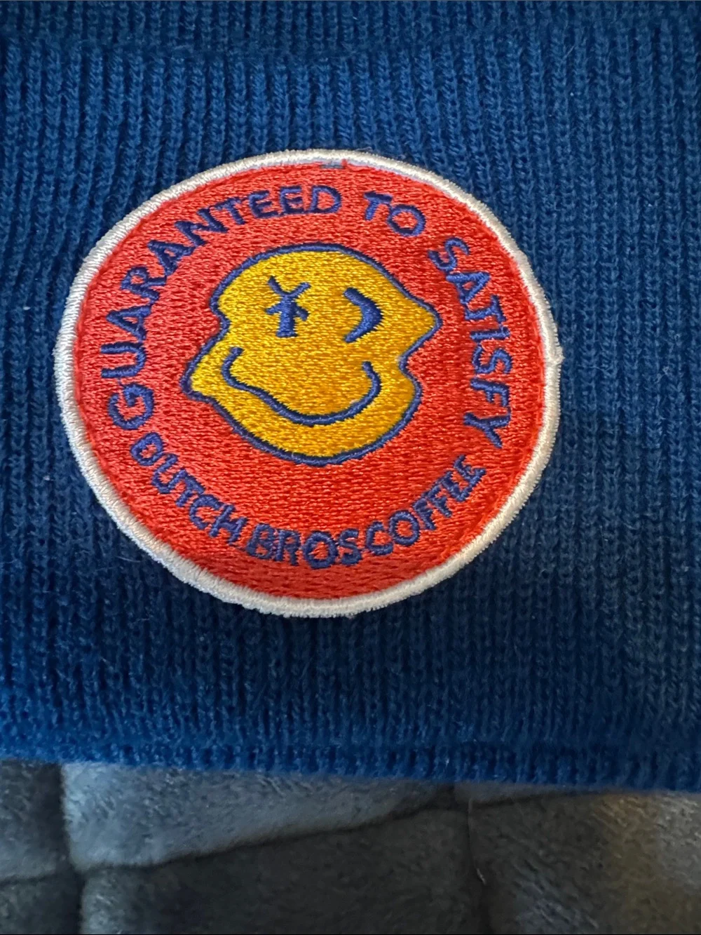 Dutch bros blue Knit Beanie with Smiley Patch