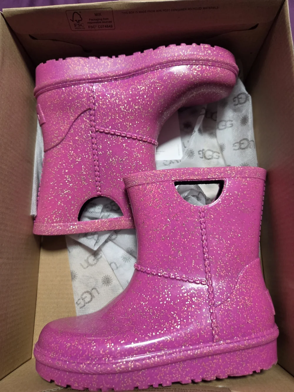 UGG Kids Pink Glitter Waterproof Rain Boots