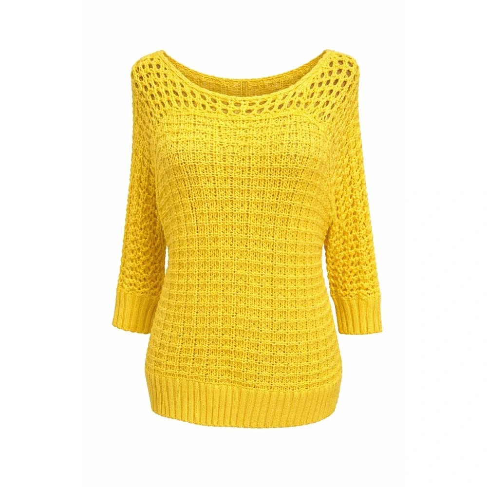 Calvin Klein Yellow Open Knit Boat Neck Sweater‎ 3/4 Sleeve Large